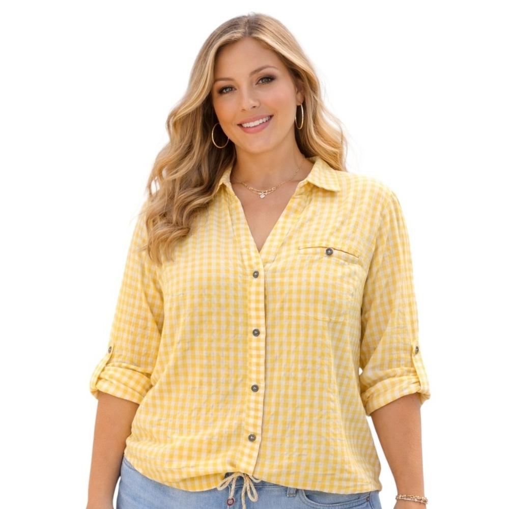 KUT From The Kloth Large Yellow White Gingham Print Long Sleeve Button Shirt